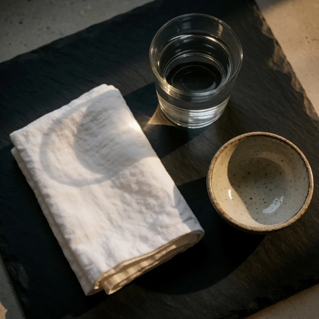 Composa de tela doblada, vaso de agua y cuenco cerámico sobre superficie oscura