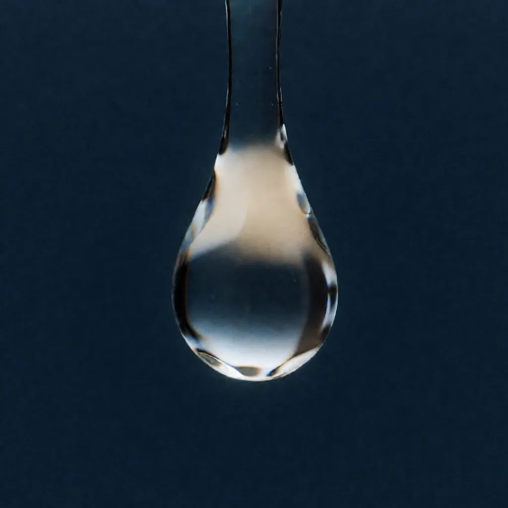 Gota de agua en suspensión sobre fondo azul profundo