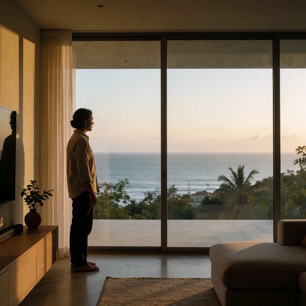 Persona mirando por una ventana hacia el horizonte