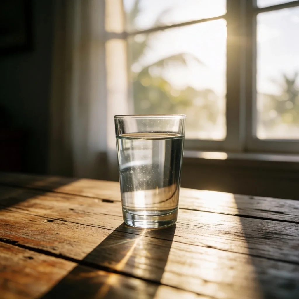 Vaso de agua junto a una ventana por la mañana