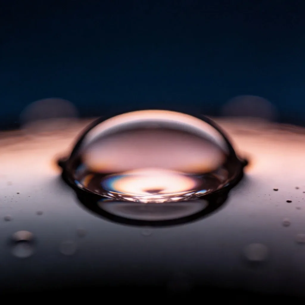 Gota de agua en superficie oscura iluminada con tono rosado