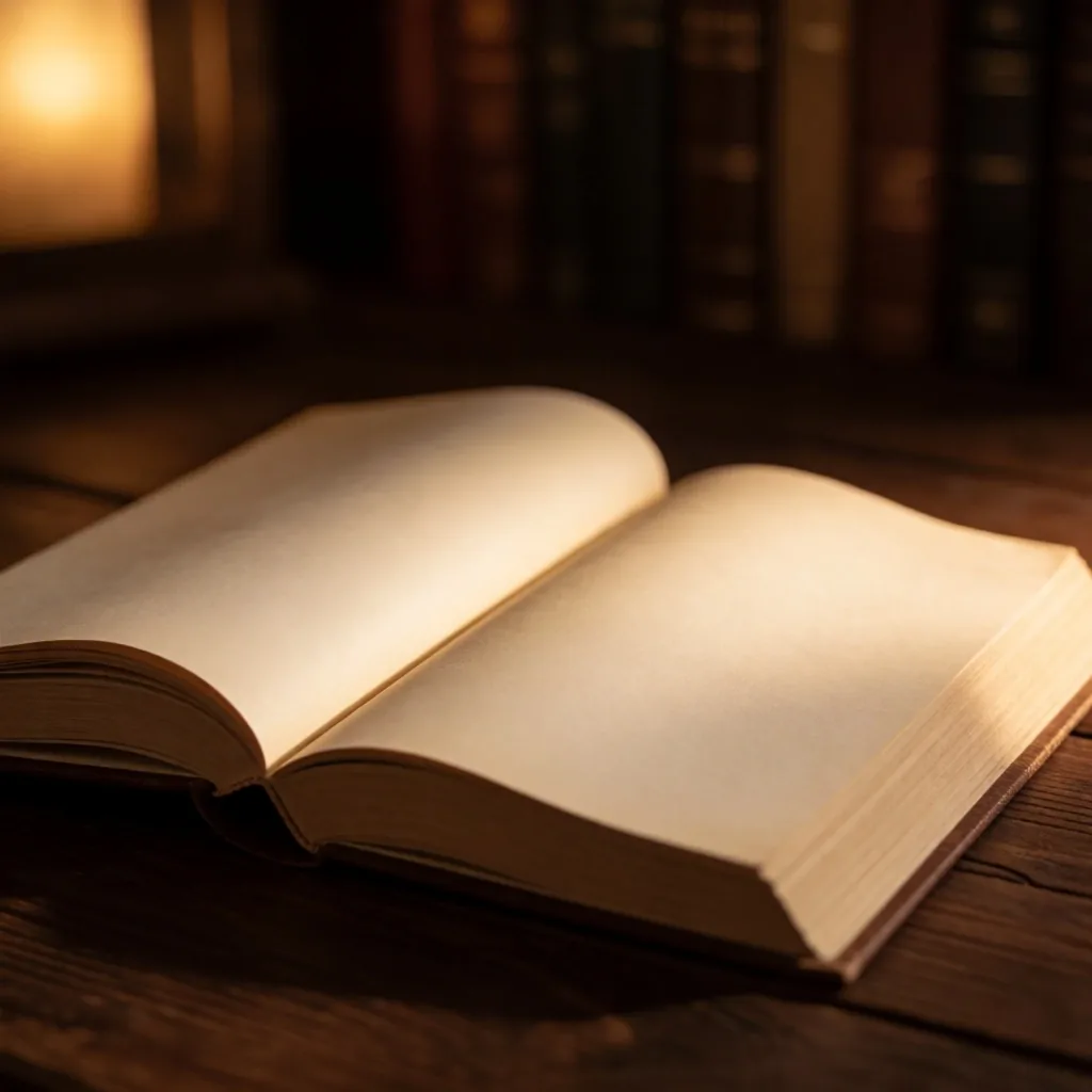 Libro abierto sobre escritorio oscuro con iluminación indirecta suave