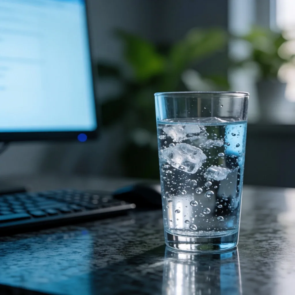 Vaso de agua sobre superficie oscura en entorno de oficina tenue