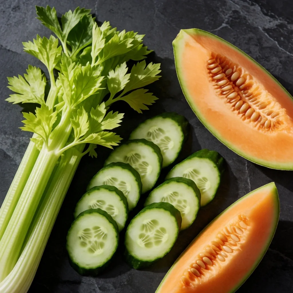 Sandía y pepino rebanados sobre plato oscuro