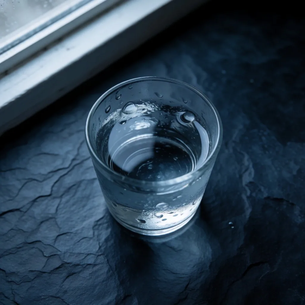 Vaso de agua fría sobre superficie oscura