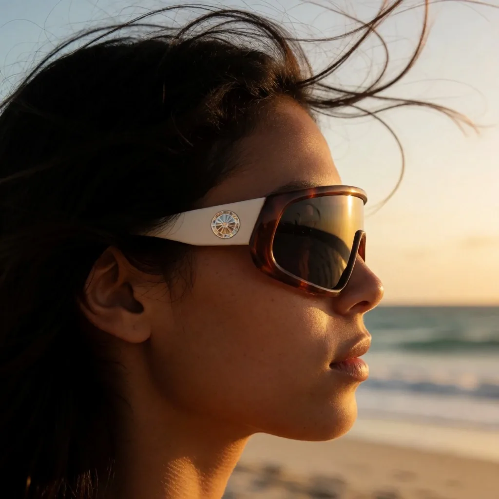 Persona con gafas envolventes al atardecer costero
